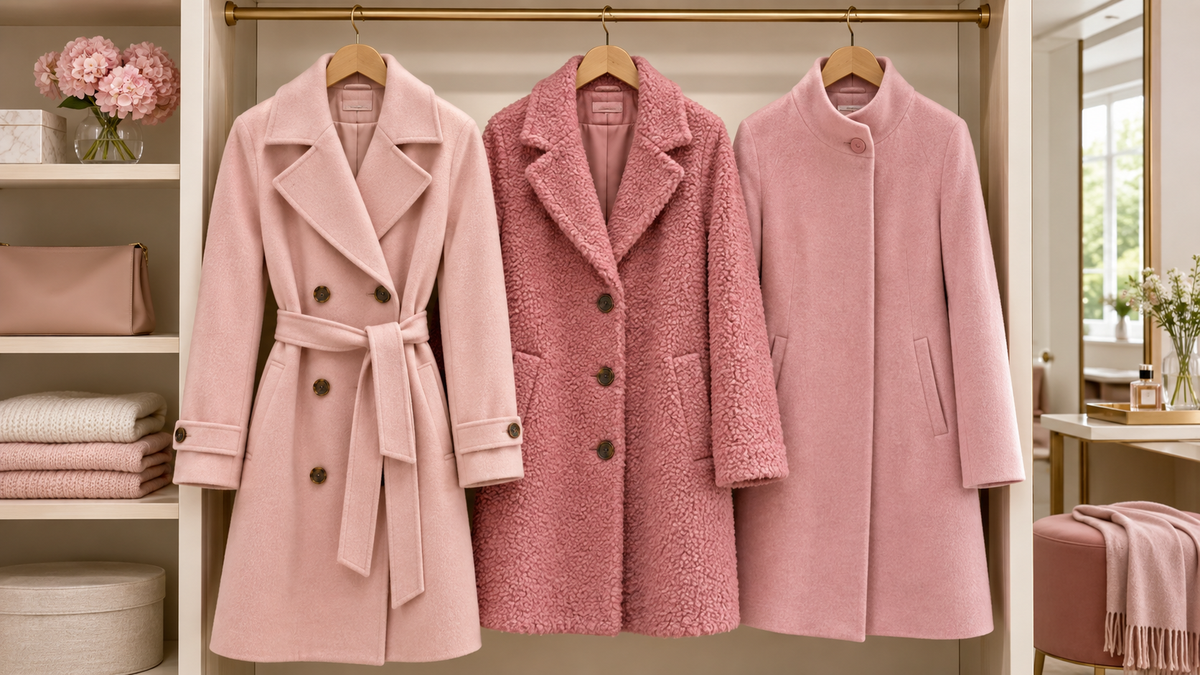 Pink coats in varied shades and textures arranged in a bright wardrobe