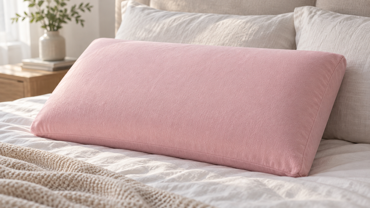 Plain pink memory foam pillow with a removable fabric cover on neutral bedding