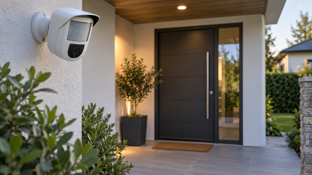 Visible PIR security camera monitoring a private home entrance