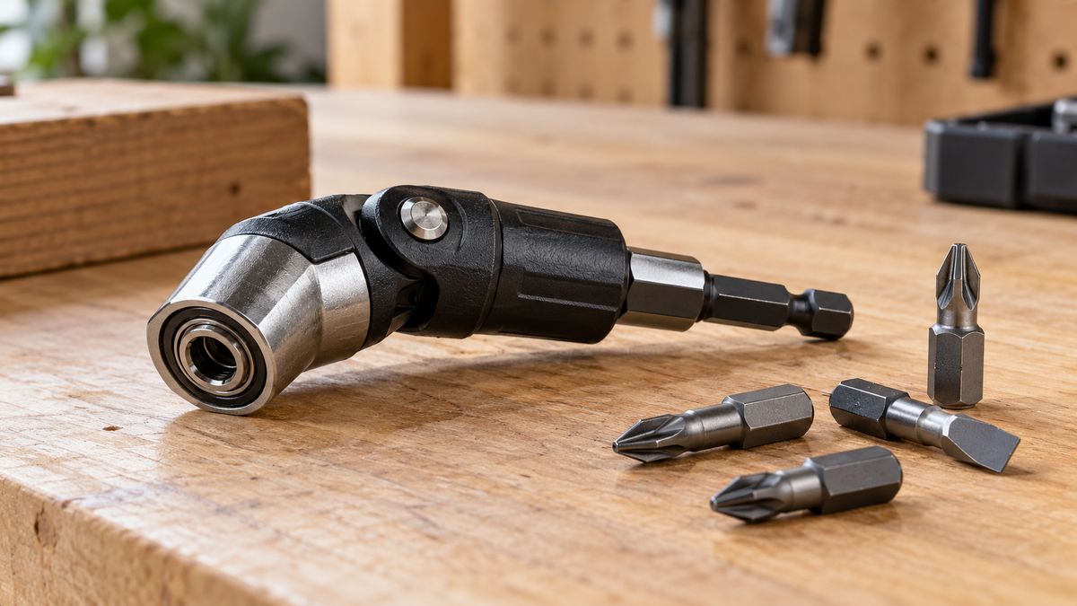 Pivoting drill bit adapter and driver bits on a wooden workshop bench