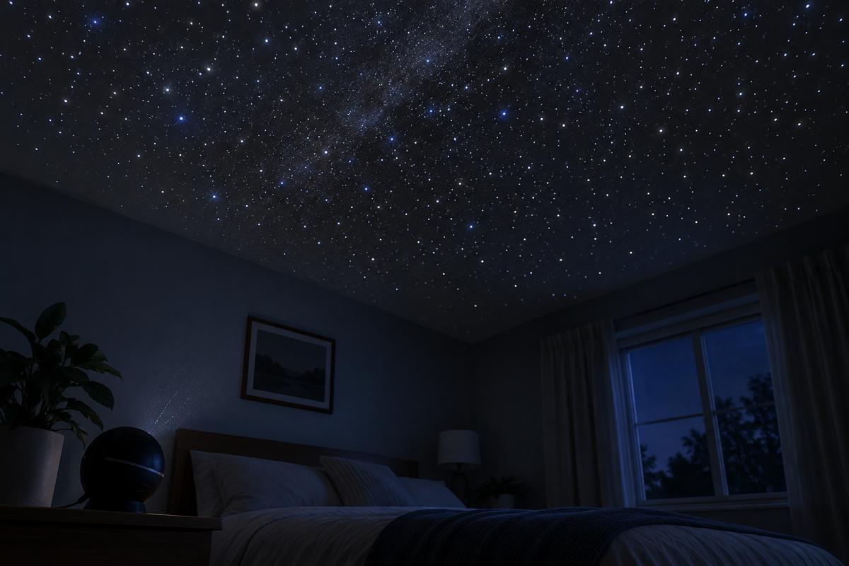 Unbranded planetarium projector displaying stars across a room ceiling