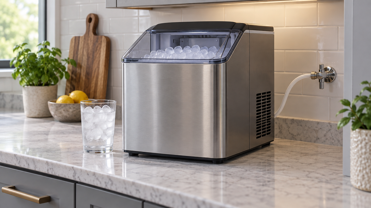 Plumbed countertop ice maker beside a kitchen water connection