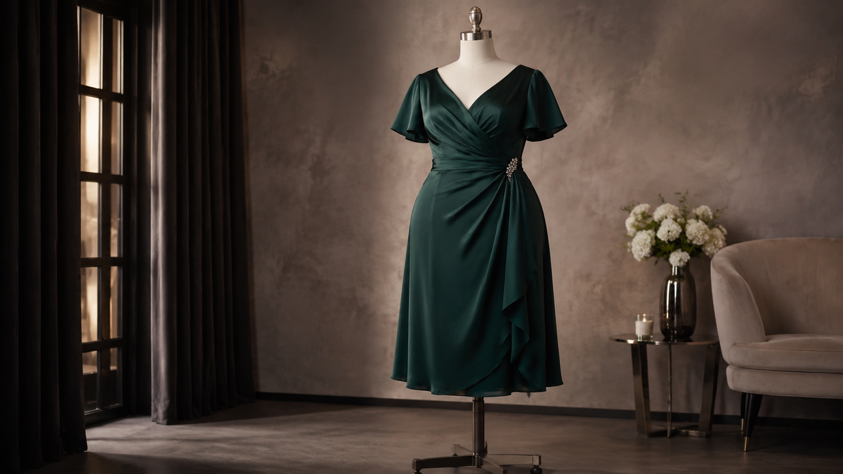 Plus size cocktail dress on a curvy dress form in an evening studio