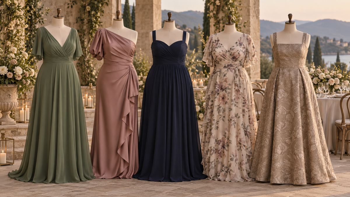 Unbranded plus-size wedding guest dresses in varied formal silhouettes