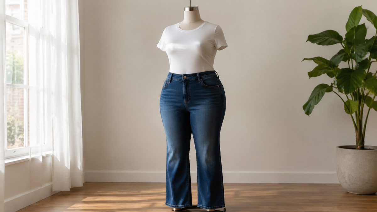 Plus size blue jeans and white shirt on a curvy dress form