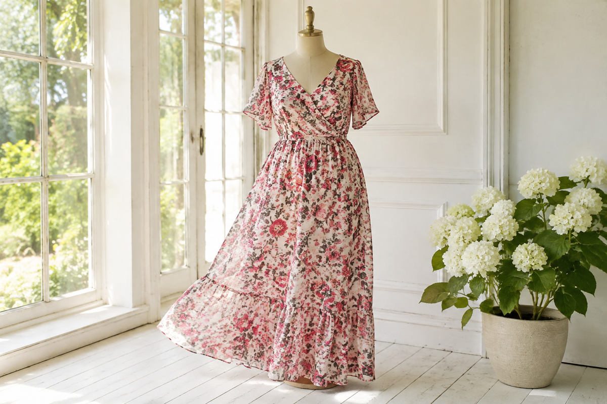 Plus size summer dress on a curvy form in a bright garden room