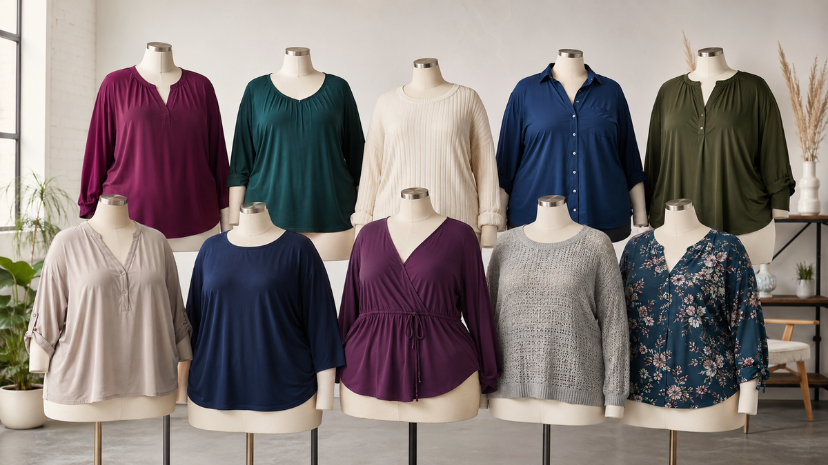 A varied collection of unbranded plus size tops displayed on dress forms