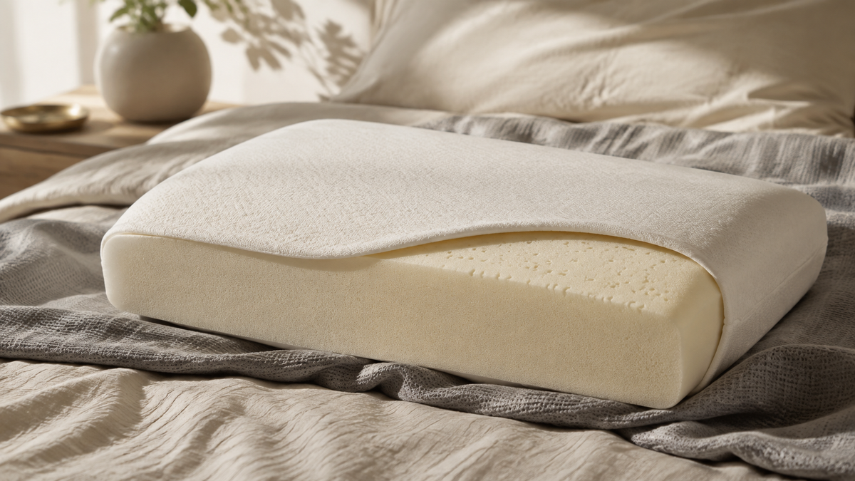 Generic polyurethane foam pillow on neutral layered bedding