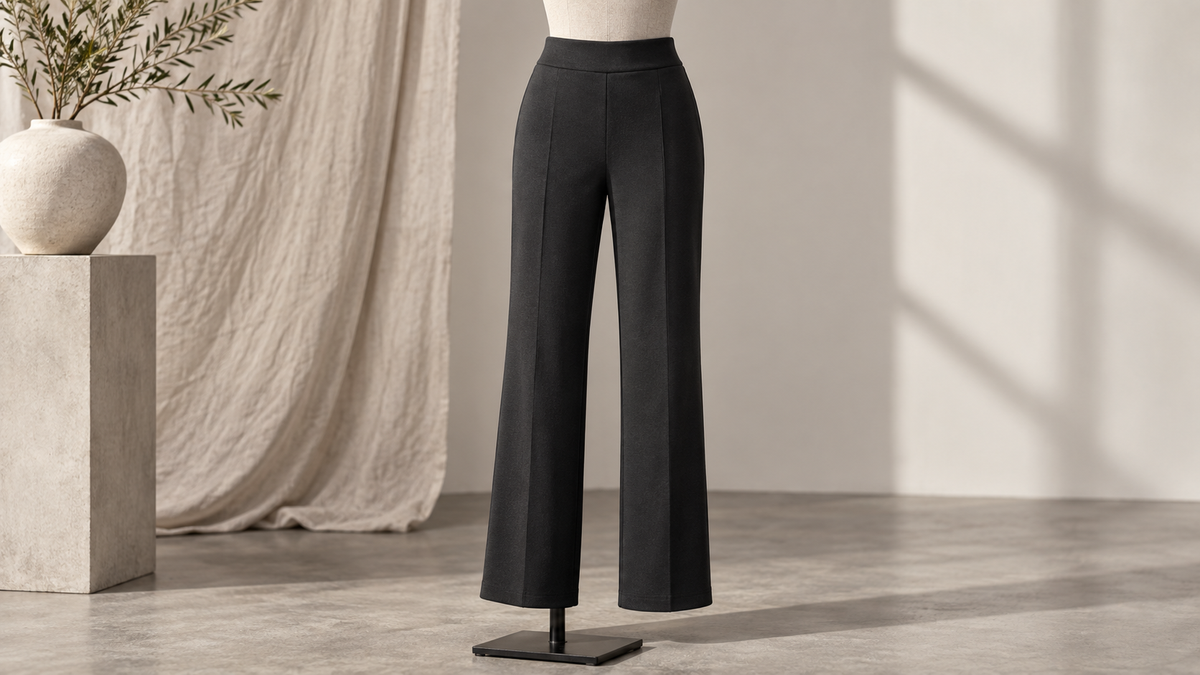 Black ponte pants on a mannequin in a neutral fashion studio