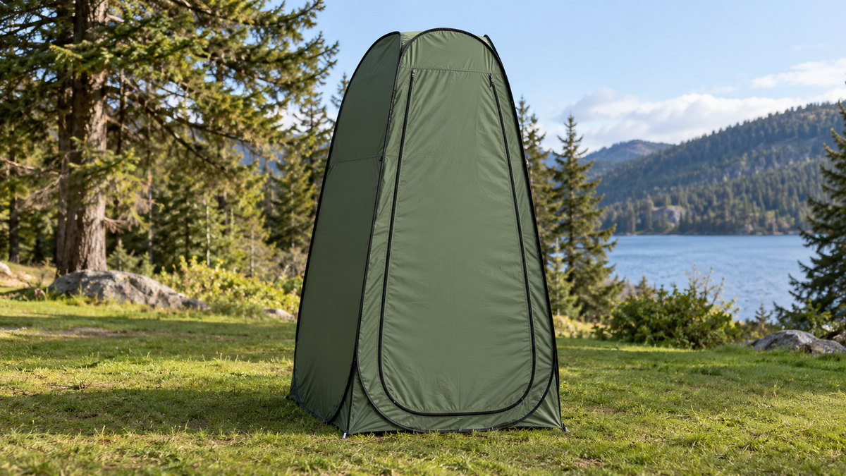 Closed pop-up privacy tent on level grass at a campsite