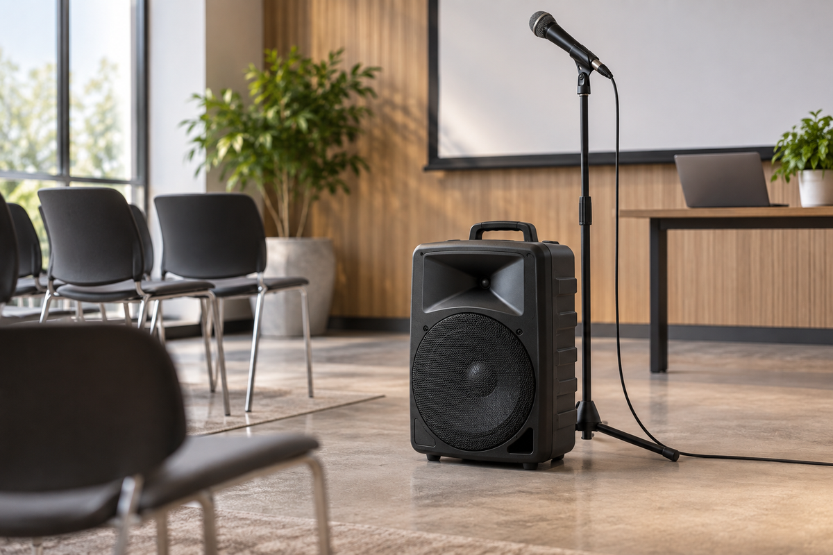 Unbranded portable amplifier with microphone in a small presentation room