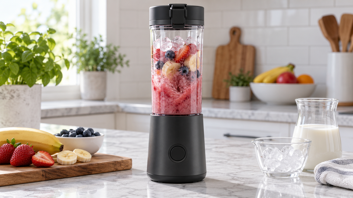 Portable blender crushing ice for a cold drink