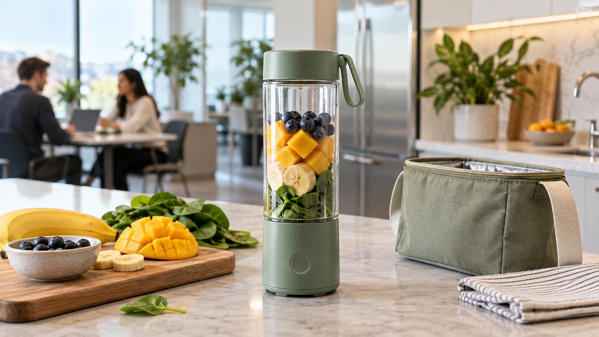 Unbranded portable blender beside fruit and a lunch bag in an office kitchen