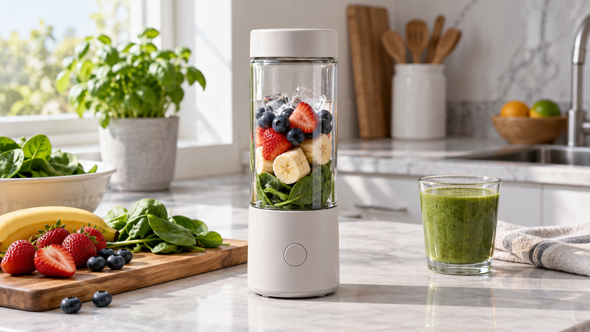 Unbranded portable blender with clear glass vessel and fresh fruit on a bright kitchen counter