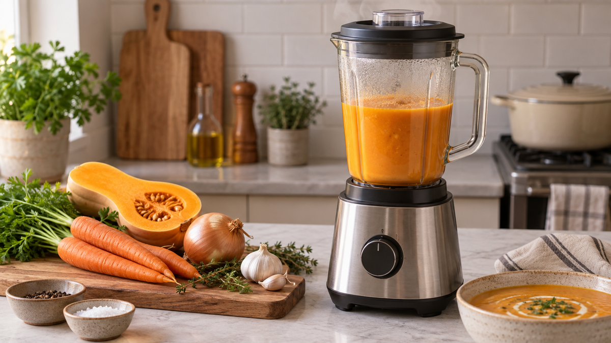Countertop blender near warm soup ingredients with its lid secured