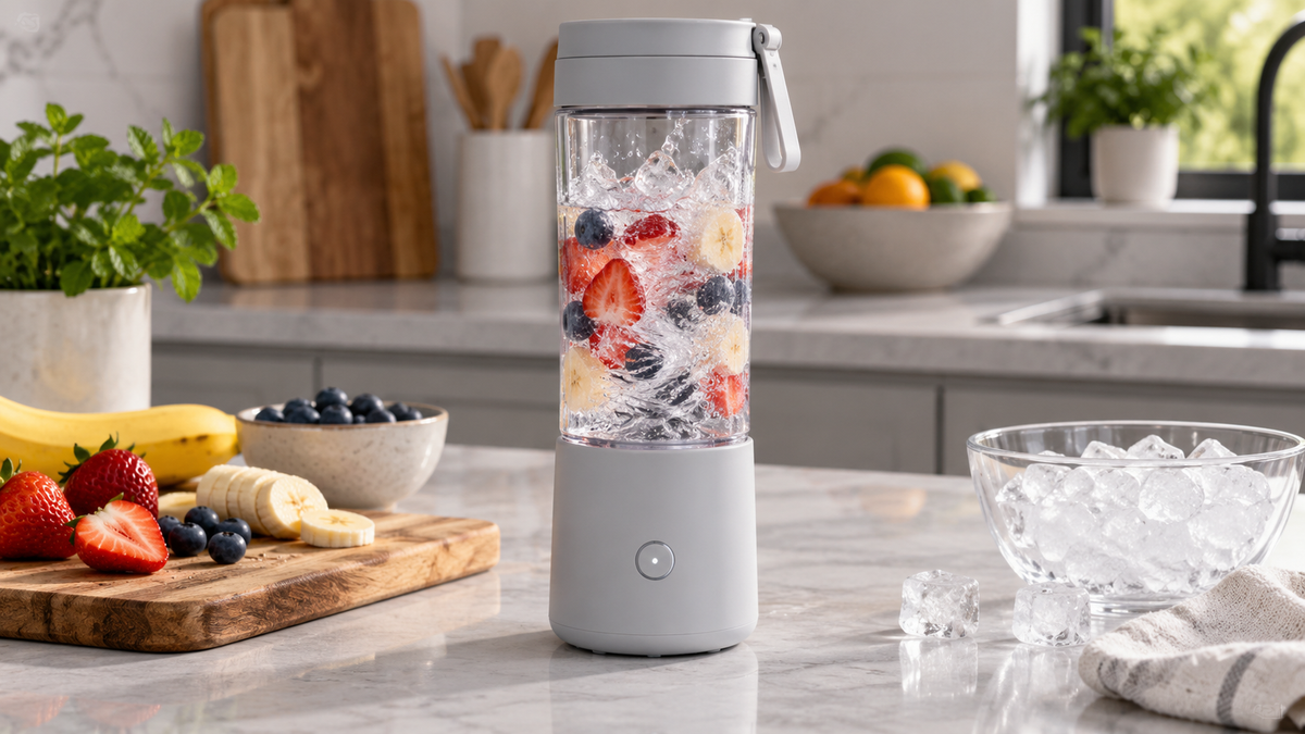 Unbranded portable blender crushing small ice cubes for a fruit drink on a clean counter