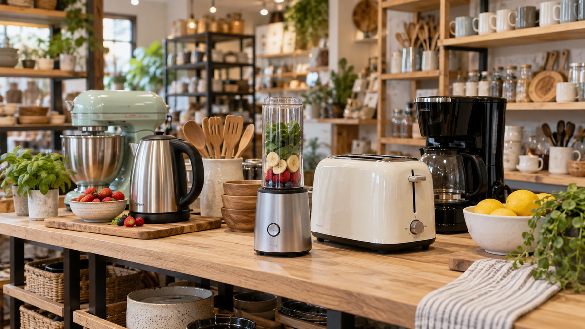 Portable blender displayed with small kitchen appliances in a local shop