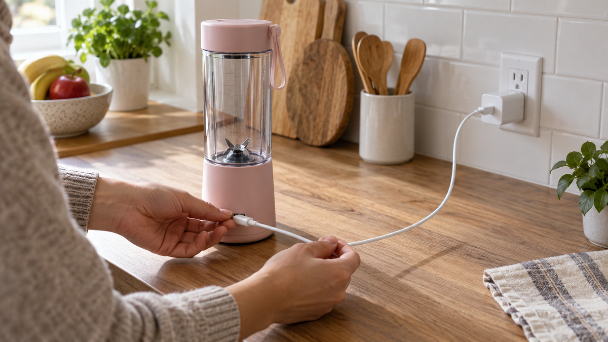 Unbranded portable blender connected to a charger during troubleshooting