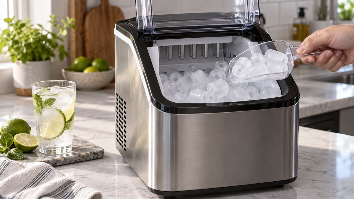 Unbranded portable countertop ice maker producing hollow bullet-shaped ice