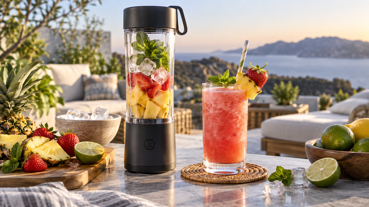 Unbranded portable blender preparing a colorful alcohol-free cocktail on a patio