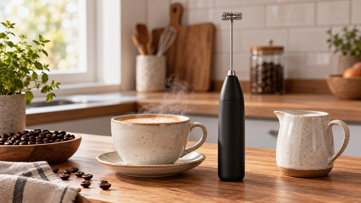 Unbranded portable coffee mixer beside a ceramic cup and milk pitcher