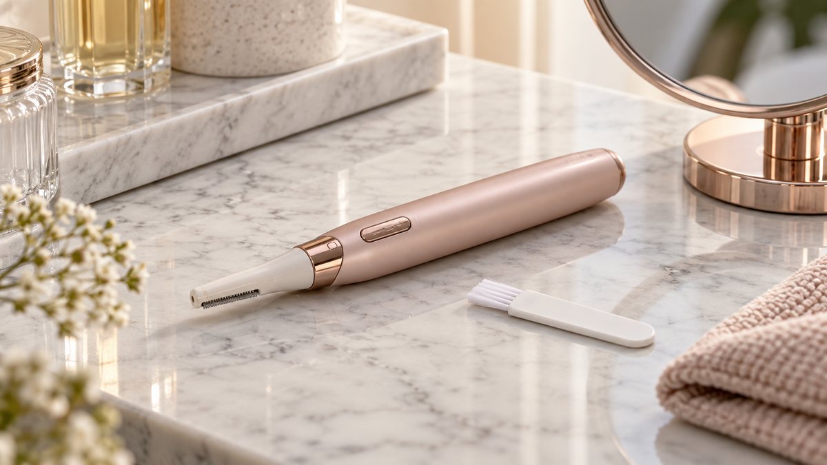 Compact portable eyebrow trimmer with grooming tools on a clean vanity surface