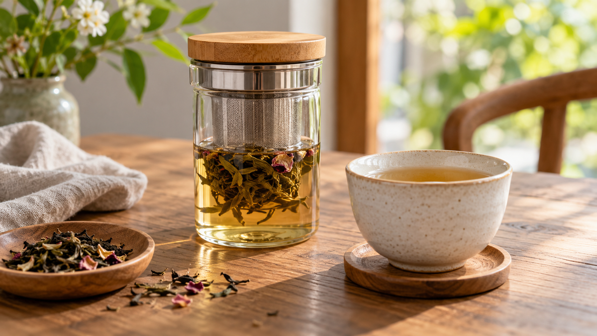 Glass tea infuser holding loose tea beside a cup on a wooden table