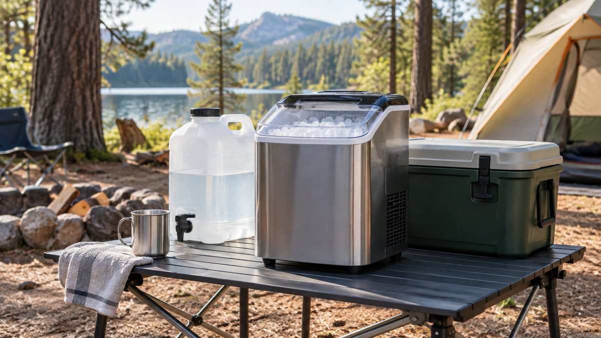 Unbranded portable ice maker operating on a stable outdoor camp table beside a water container