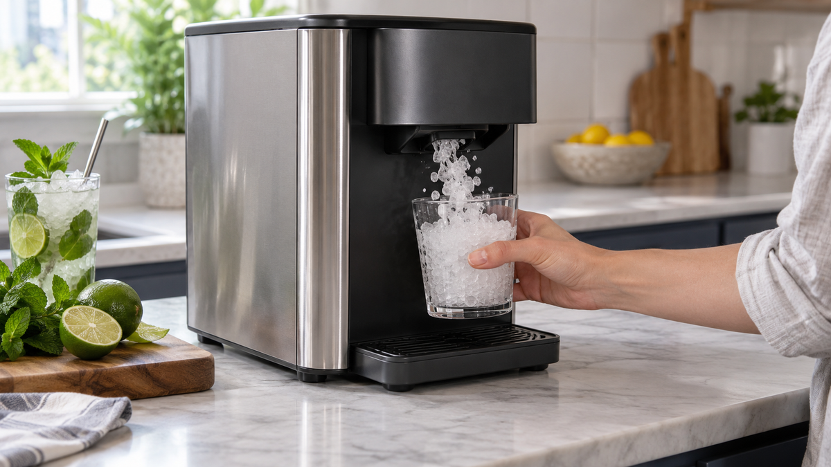 Unbranded portable countertop ice maker dispensing crushed ice into a clear glass