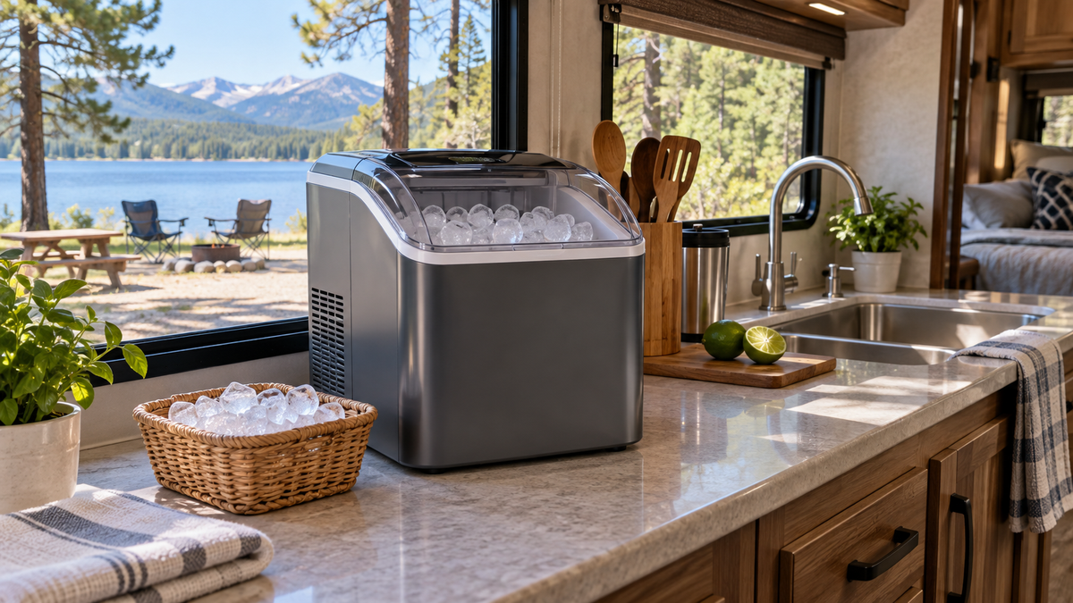 Portable ice maker on an RV kitchen counter near a campsite