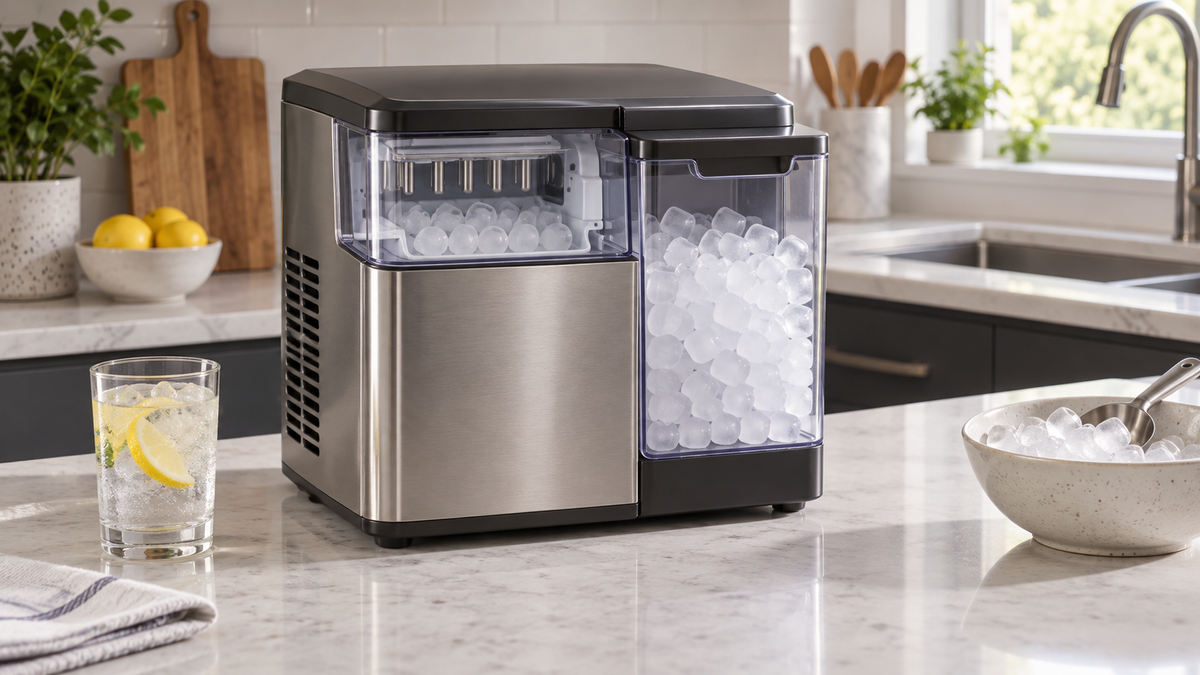Unbranded portable ice maker with a separate frozen storage compartment on a clean counter