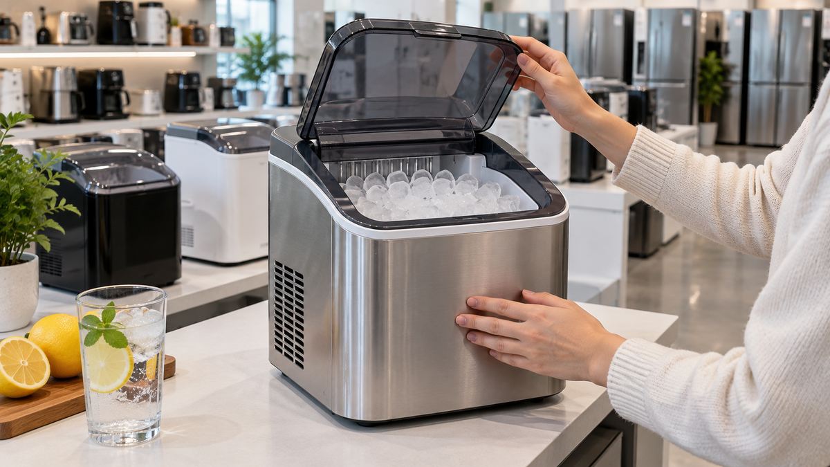Compact unbranded portable ice maker being inspected on a local retail display counter