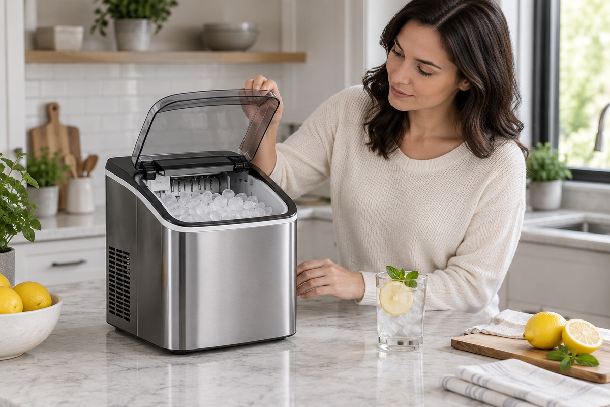 Unbranded portable ice maker being safely inspected on a kitchen counter