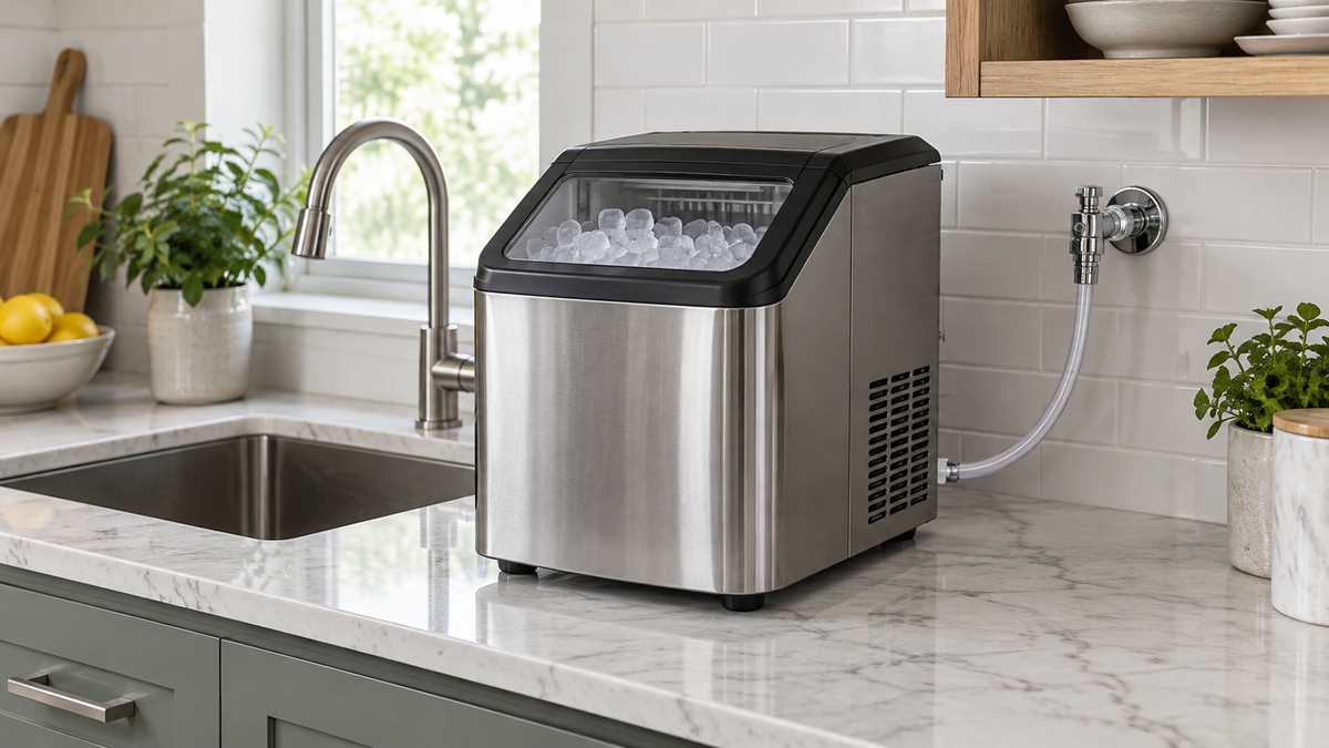 Unbranded countertop ice maker beside a clearly routed water supply line in a simple kitchen