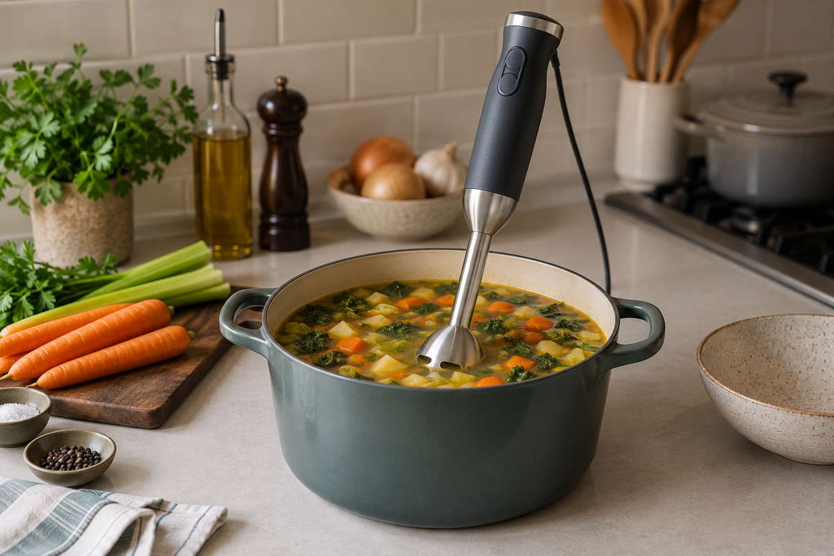 Unbranded portable immersion blender blending vegetables in a deep kitchen vessel