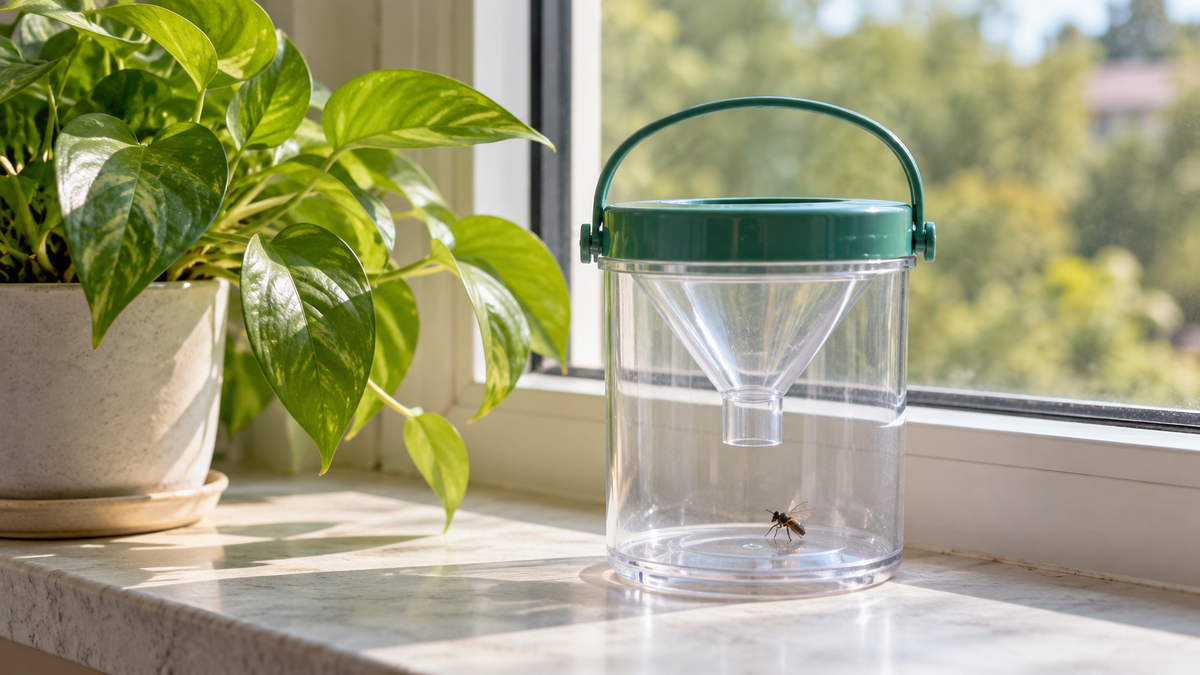 Transparent insect collection chamber beside a plant on a windowsill