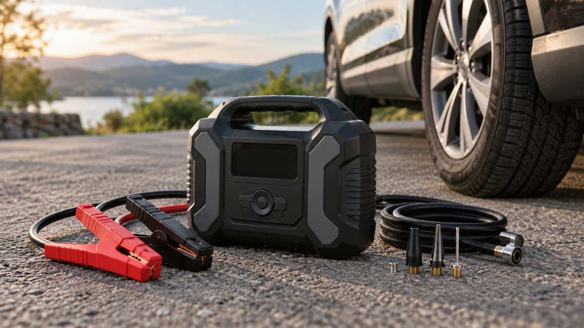 Portable jump starter and inflator with disconnected clamps and air hose beside a parked car