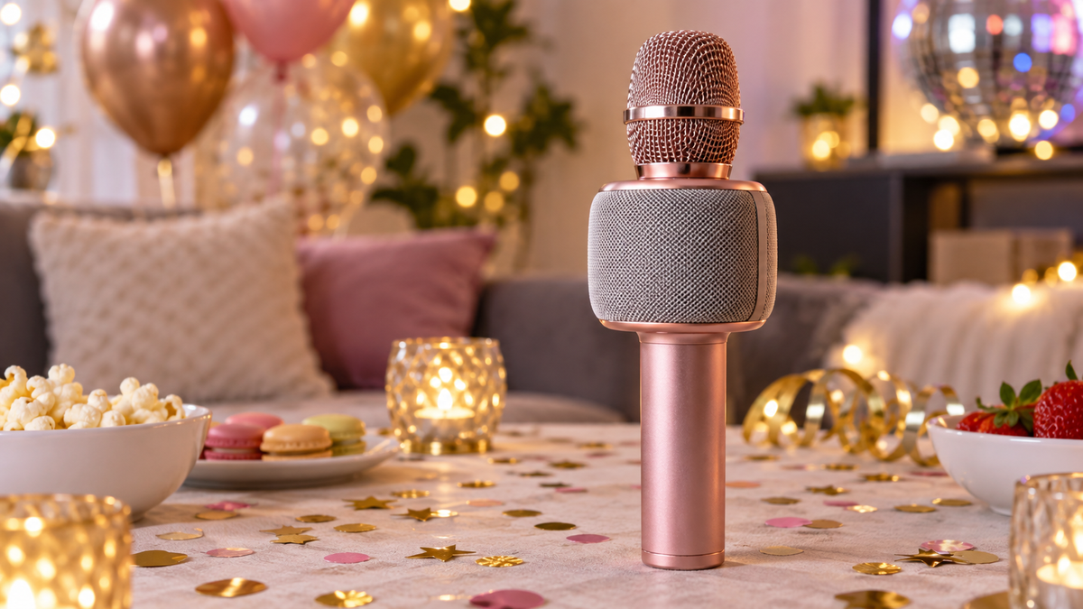 Unbranded portable karaoke microphone with a compact speaker on a party table