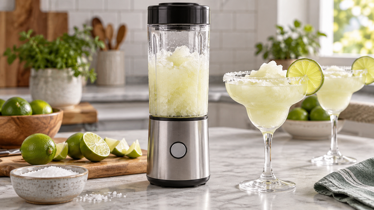 Unbranded portable blender making a frozen citrus drink with ice on a kitchen counter