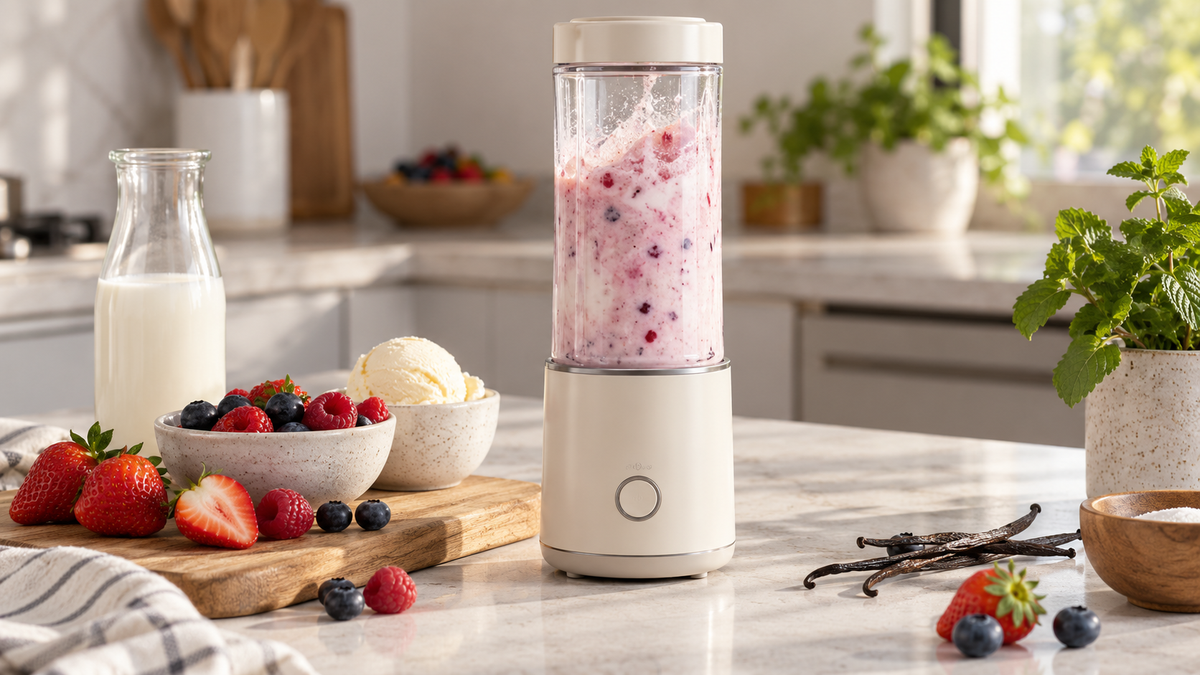 Unbranded portable milkshake machine blending a creamy drink on a kitchen counter