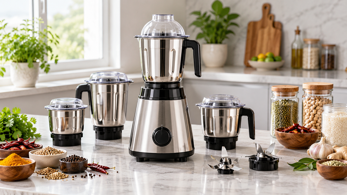 Portable mixer grinder with jars, blades, grains, and spices on a kitchen counter