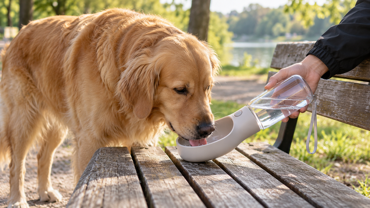 Dog drinking from a portable water bottle with an integrated trough outdoors