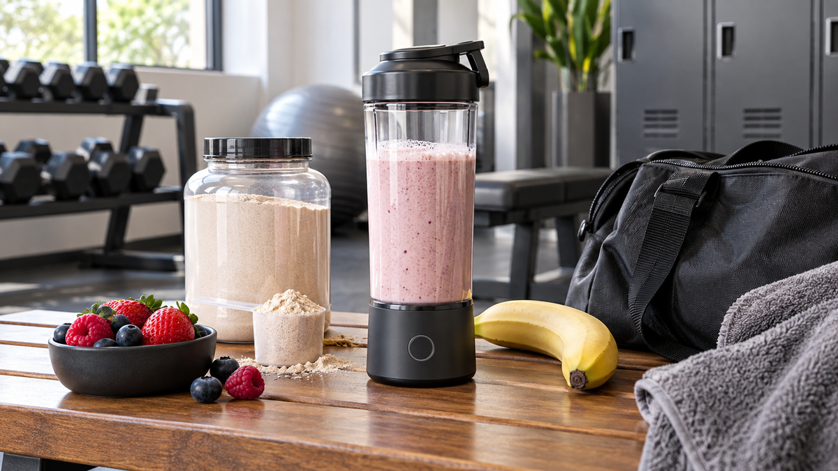 Portable protein blender with ingredients beside a gym bag
