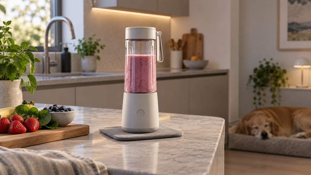 Unbranded compact portable blender operating on a soft mat in a quiet kitchen