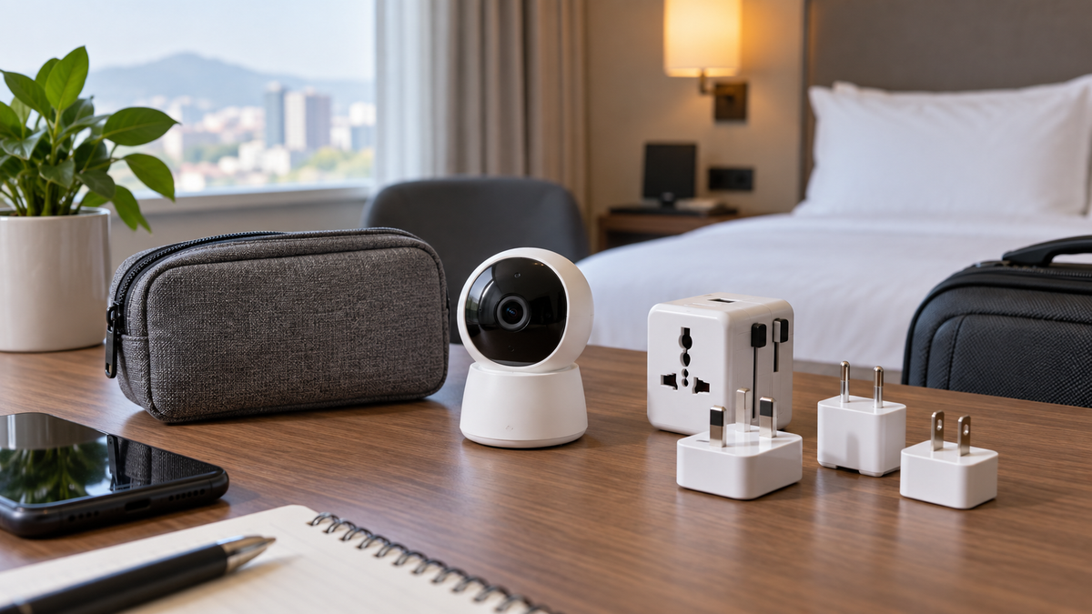 Portable security camera with travel adapters and protective pouch on a desk