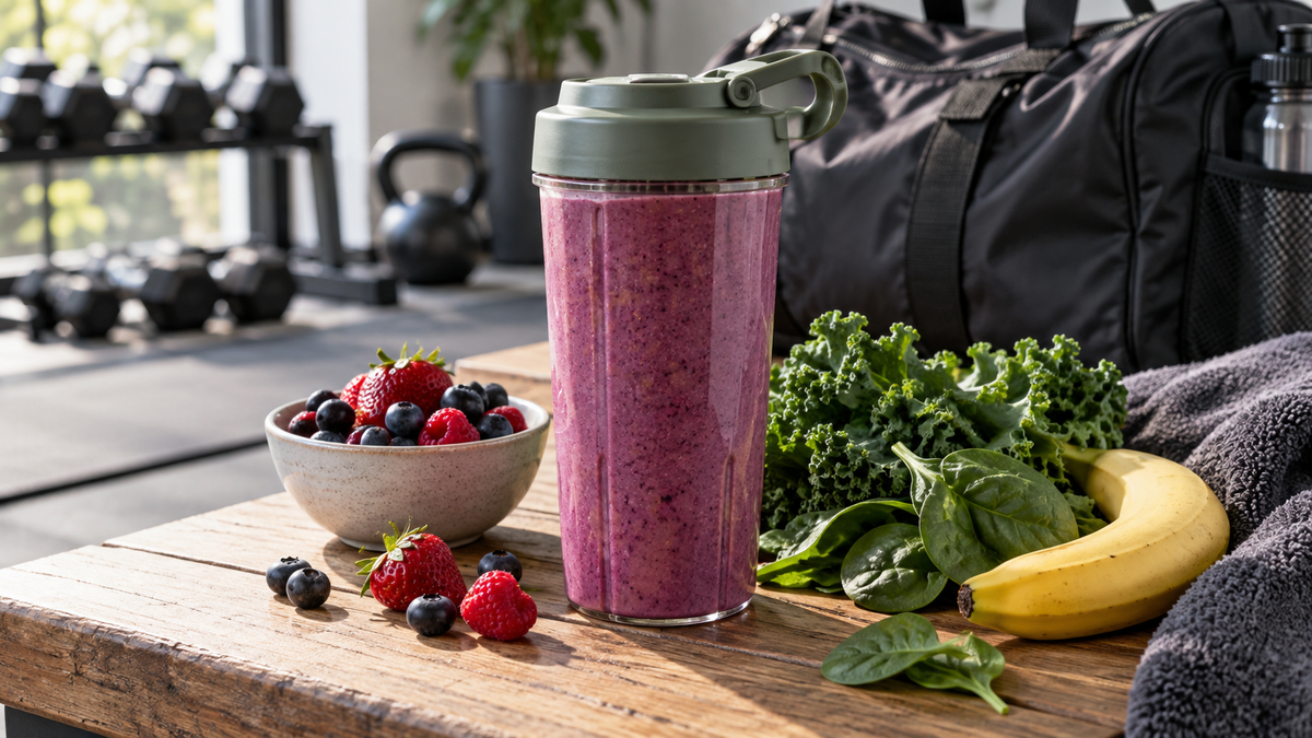 Unbranded portable smoothie container with a sealed lid beside fresh fruit
