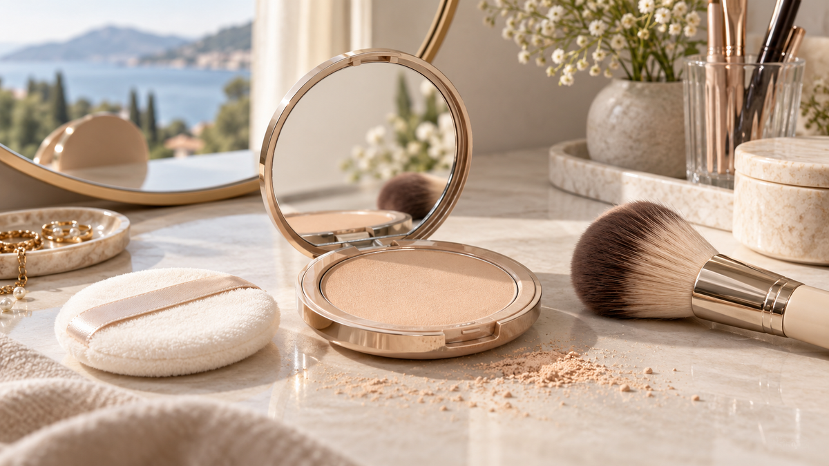 Open unbranded powder foundation compact with clean puff and brush
