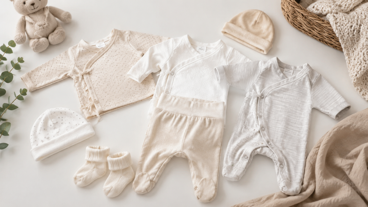 Tiny preemie clothes arranged in a clean nursery setting