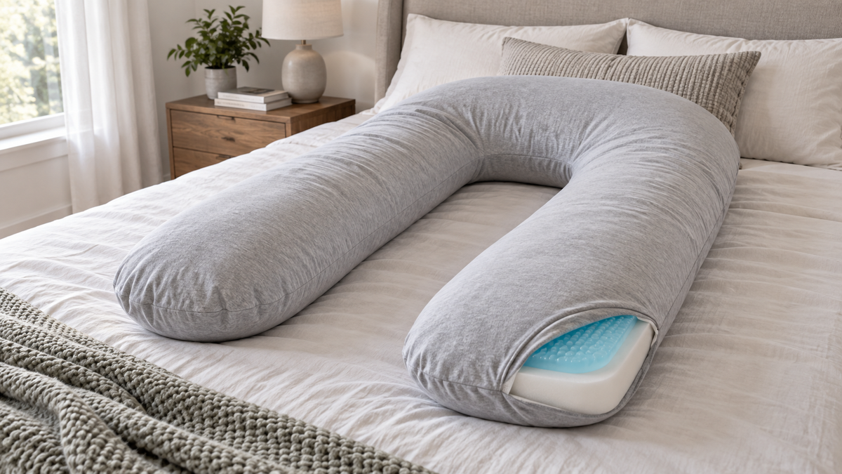 Unbranded full body pregnancy pillow with a subtle cooling gel layer on a neutral bed