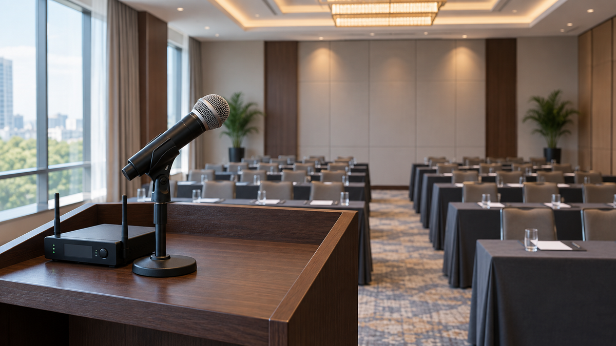 Presenter microphone and wireless receiver on a conference lectern